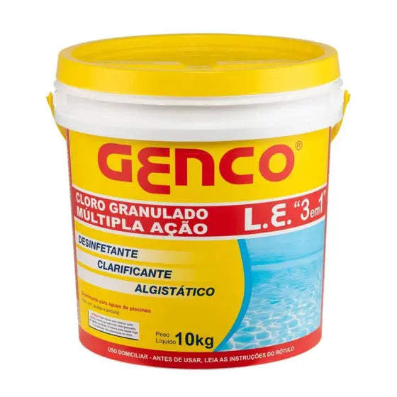 Cloro Granulado Genco 10kg – Múltipla Ação 3 em 1 – Tratamento Completo para Piscinas
